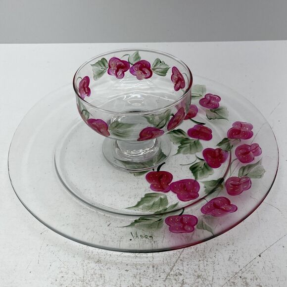 Hand Painted Wild Berries Clear Glass Plate & Footed Dessert Bowl Signed A.Ward - Picture 1 of 15